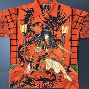 Vintage Roora Classic Anime Button Up Shirt Mens XL Orange Samurai Dragon Y2K